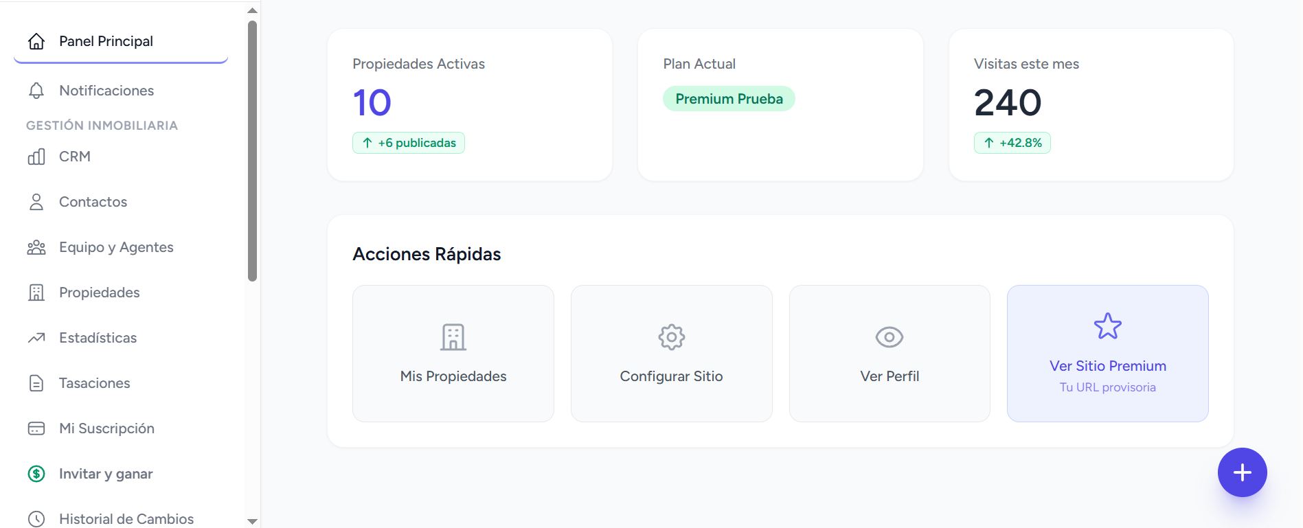 Sección Panel de control del sitio